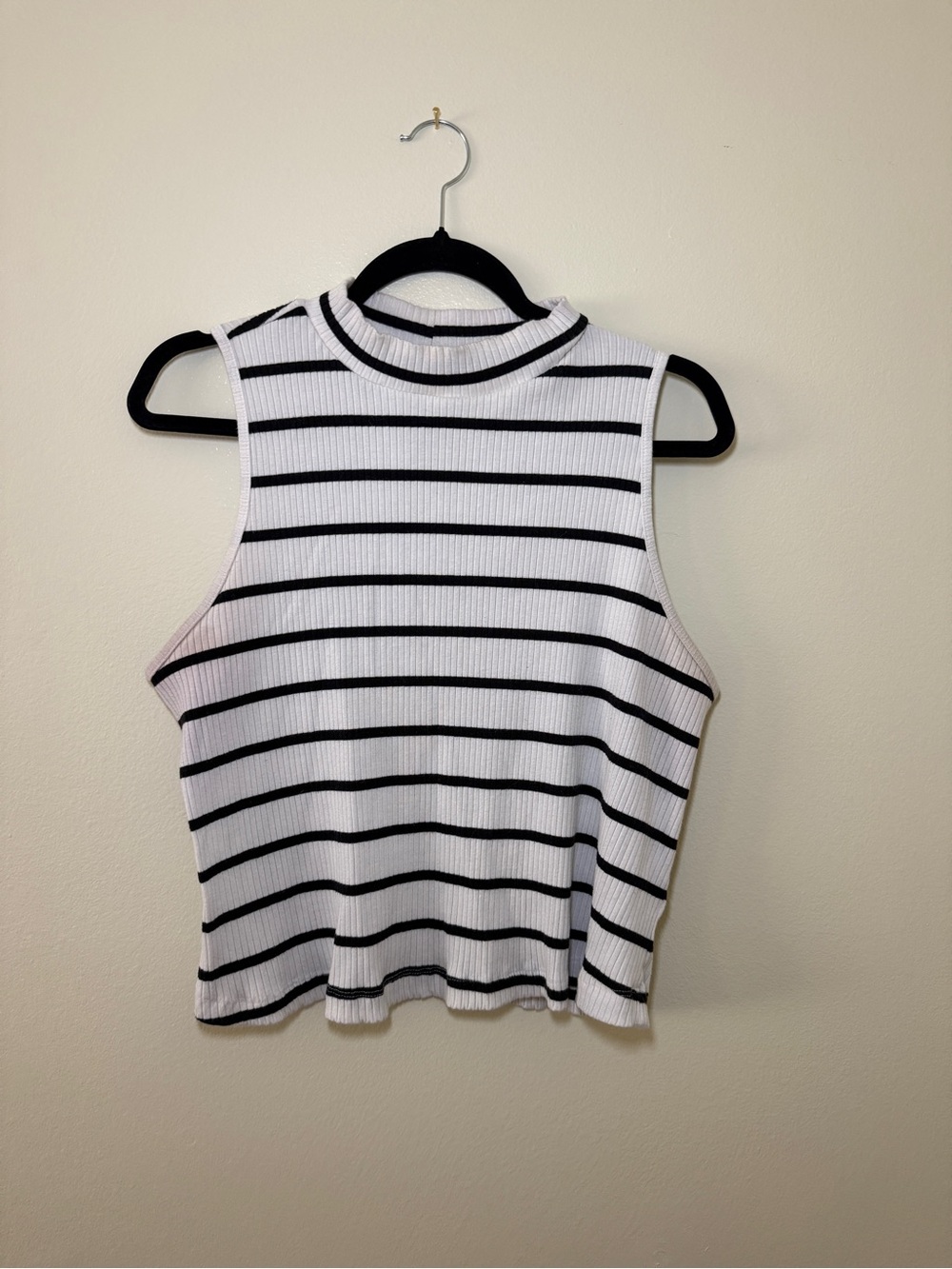 Old Navy White and Black Striped Mock Neck Tank